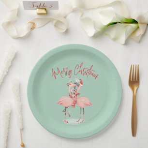 Tropische Roze Flamingo Met Kerstmutsen Kerstmis Papieren Bordje