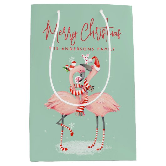 Tropische roze flamingo met kerstmutsen medium cadeauzakje (Voorkant)