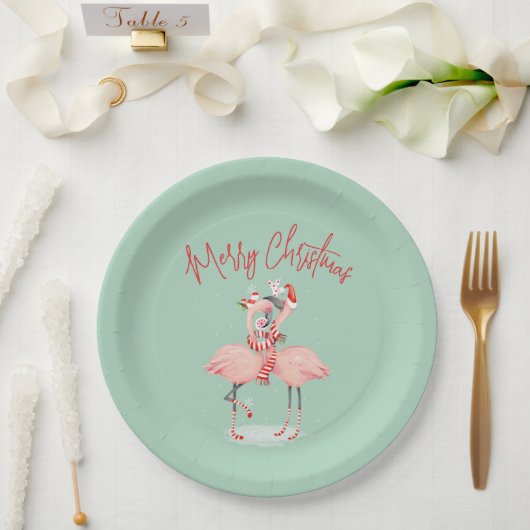 Tropische roze flamingo met kerstmutsen papieren bordje (Huwelijk)