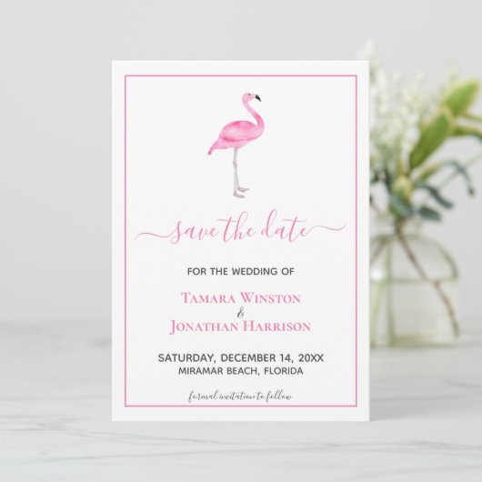 Tropische Roze Flamingo Moderne Strand Bruiloft Save The Date (Staand voorkant)