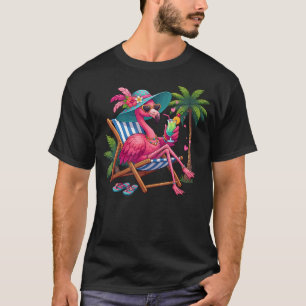 Tropische Roze Flamingo Vogel Palmboom Strand T-shirt