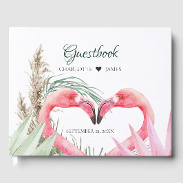 Tropische roze flamingo's bruiloft gastenboek