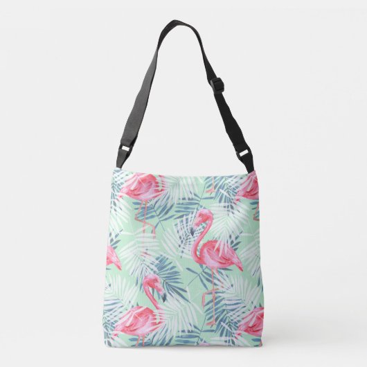 Tropische roze flamingo's en palmbladeren crossbody tas (Achterkant)
