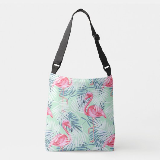 Tropische roze flamingo's en palmbladeren crossbody tas (Voorkant)