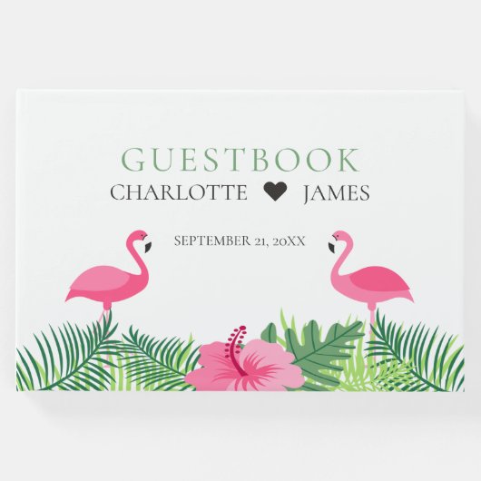 Tropische Roze Flamingo's Kleurrijke Bloemen Bruil Gastenboek (Voorkant)