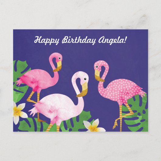Tropische roze flamingo's op Paarse Briefkaart (Voorkant)