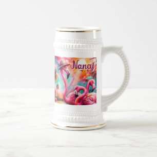 Tropische roze flamingo's palmbomen gepersonalisee bierpul