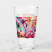 Tropische roze flamingo's palmbomen gepersonalisee glas (Achterkant)