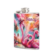 Tropische roze flamingo's palmbomen gepersonalisee heupfles (Links)