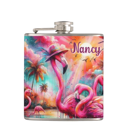 Tropische roze flamingo's palmbomen gepersonalisee heupfles (Voorkant)