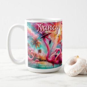 Tropische roze flamingo's palmbomen gepersonalisee koffiemok
