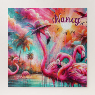 Tropische roze flamingo's palmbomen gepersonalisee legpuzzel