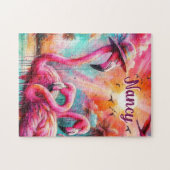 Tropische roze flamingo's palmbomen gepersonalisee legpuzzel (Horizontaal)