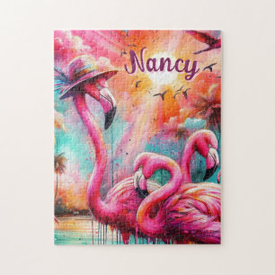 Tropische roze flamingo's palmbomen gepersonalisee legpuzzel