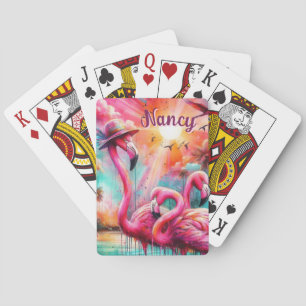 Tropische roze flamingo's palmbomen gepersonalisee pokerkaarten