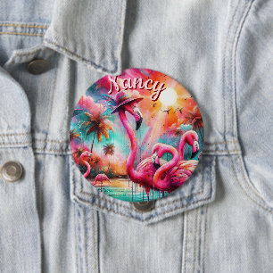Tropische roze flamingo's palmbomen gepersonalisee ronde button 4,0 cm