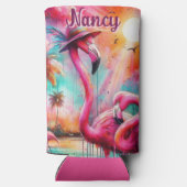 Tropische roze flamingo's palmbomen gepersonalisee seltzer blikjeskoeler (Achterkant)