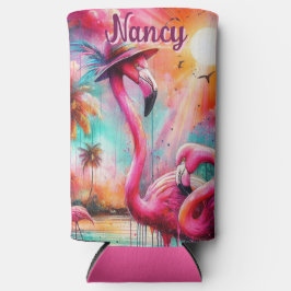 Tropische roze flamingo's palmbomen gepersonalisee seltzer blikjeskoeler