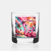 Tropische roze flamingo's palmbomen gepersonalisee whisky glas (Achterkant)