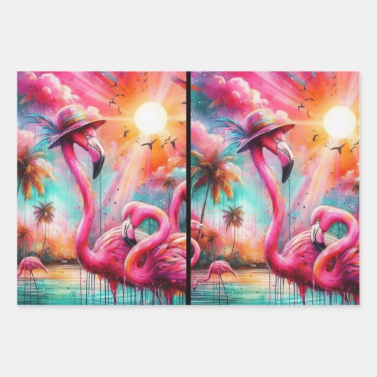 Tropische Roze Flamingo's Palmbomen Zon Decoupage Inpakpapier Vel (Voorkant 3)