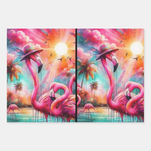 Tropische Roze Flamingo's Palmbomen Zon Decoupage Inpakpapier Vel (Voorkant 2)