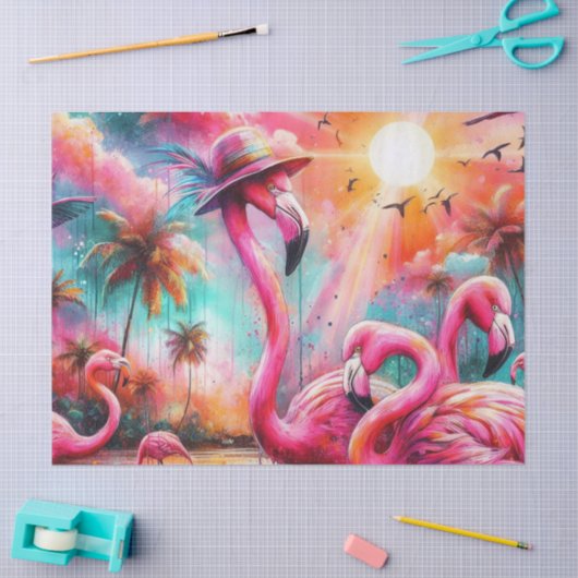 Tropische Roze Flamingo's Palmbomen Zon Decoupage Tissuepapier (Craft)