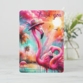 Tropische Roze Flamingo's Palmbomen Zon Flamingo Bedankkaart (Staand voorkant)