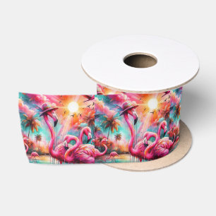 Tropische Roze Flamingo's Palmbomen Zon Flamingo Satijnen Lint