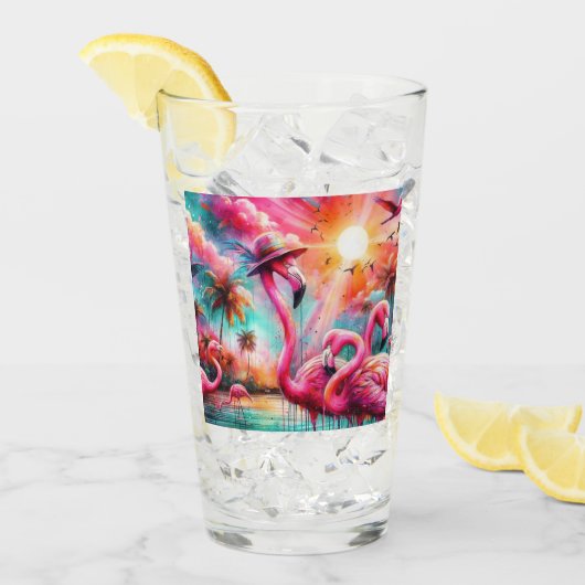 Tropische Roze Flamingo's Palmbomen Zon Water Blau Glas (Voorkant ijs)