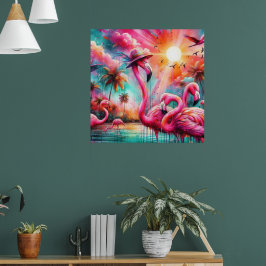Tropische Roze Flamingo's Palmbomen Zon Water Blau Poster