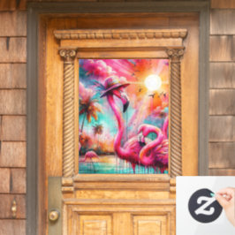 Tropische Roze Flamingo's Palmbomen Zon Water Blau Raamsticker