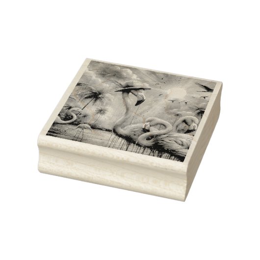 Tropische Roze Flamingo's Palmbomen Zon Water Blau Rubberstempel (Stempel)