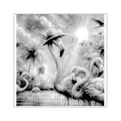 Tropische Roze Flamingo's Palmbomen Zon Water Blau Rubberstempel (Afrduk)