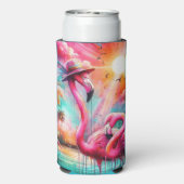 Tropische Roze Flamingo's Palmbomen Zon Water Blau Seltzer Blikjeskoeler (Seltzer Achterkant)