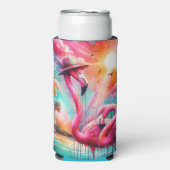 Tropische Roze Flamingo's Palmbomen Zon Water Blau Seltzer Blikjeskoeler (Seltzer Voorkant)