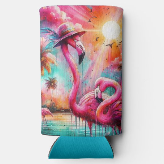 Tropische Roze Flamingo's Palmbomen Zon Water Blau Seltzer Blikjeskoeler (Achterkant)