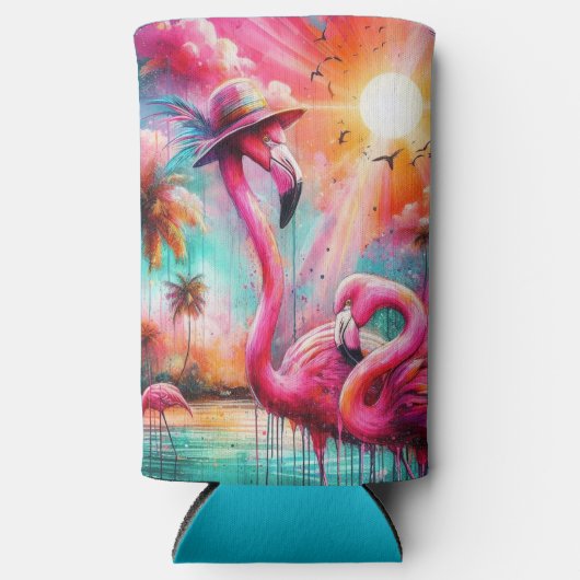 Tropische Roze Flamingo's Palmbomen Zon Water Blau Seltzer Blikjeskoeler (Voorkant)