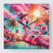 Tropische Roze Flamingo's Palmbomen Zon Water Blau Vierkante Klok (Voorkant)