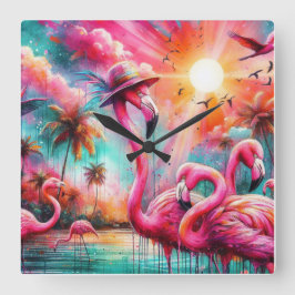 Tropische Roze Flamingo's Palmbomen Zon Water Blau Vierkante Klok