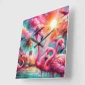Tropische Roze Flamingo's Palmbomen Zon Water Blau Vierkante Klok (Hoek)