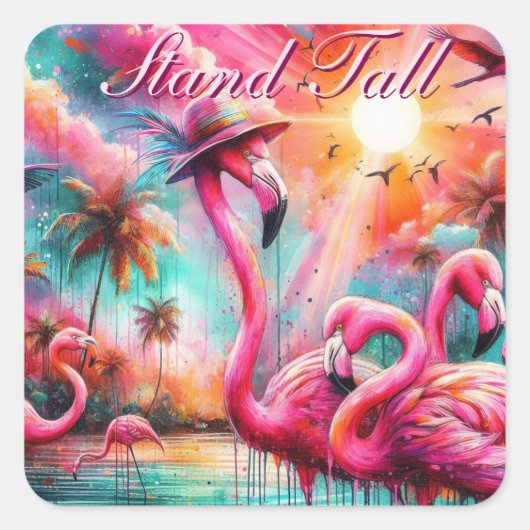 Tropische Roze Flamingo's Palmbomen Zon Water Blau Vierkante Sticker (Voorkant)