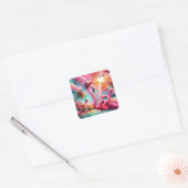 Tropische Roze Flamingo's Palmbomen Zon Water Blau Vierkante Sticker (Envelop)