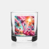 Tropische Roze Flamingo's Palmbomen Zon Water Blau Whisky Glas (Achterkant)