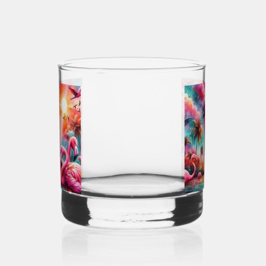 Tropische Roze Flamingo's Palmbomen Zon Water Blau Whisky Glas (Links)