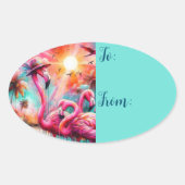 Tropische Roze Flamingo's Palmbomen Zonsondergang  Ovale Sticker (Voorkant)