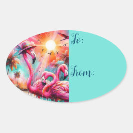 Tropische Roze Flamingo's Palmbomen Zonsondergang Ovale Sticker