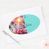 Tropische Roze Flamingo's Palmbomen Zonsondergang  Ovale Sticker (Envelop)