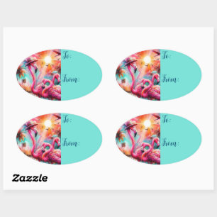 Tropische Roze Flamingo's Palmbomen Zonsondergang Ovale Sticker