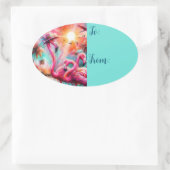 Tropische Roze Flamingo's Palmbomen Zonsondergang  Ovale Sticker (Tas)