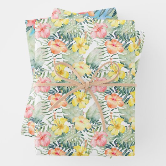 Tropische roze gele Hibiscus Flowers Inpakpapier Vel (In situ)